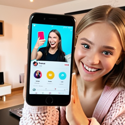 Home 4 **
"A young, stylish Russian girl smiles and points excitedly at her phone screen. The screen shows the TikTok 'For You' page filled with various trending videos. Bright, colorful overlays highlight the trending sounds and songs on each video. In the background, a cozy, modern apartment with trendy décor."
**