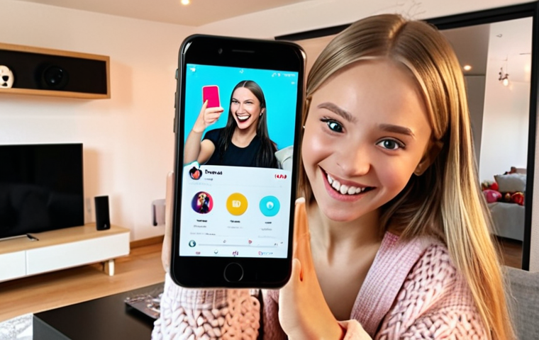 **

"A young, stylish Russian girl smiles and points excitedly at her phone screen. The screen shows the TikTok 'For You' page filled with various trending videos. Bright, colorful overlays highlight the trending sounds and songs on each video. In the background, a cozy, modern apartment with trendy décor."

**
